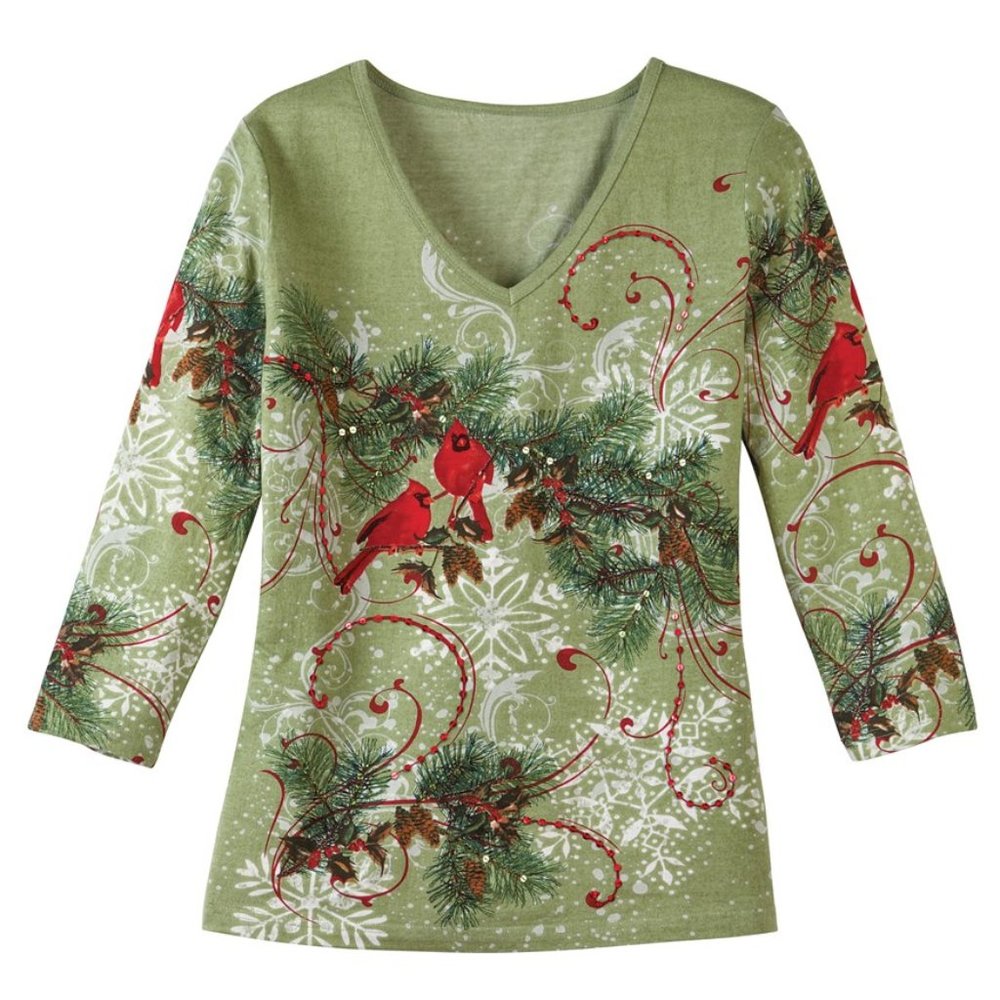 EUC ~ Collections Etc.'s Winter Snowflake Pine Top with Red Cardinals ~Size: XXL